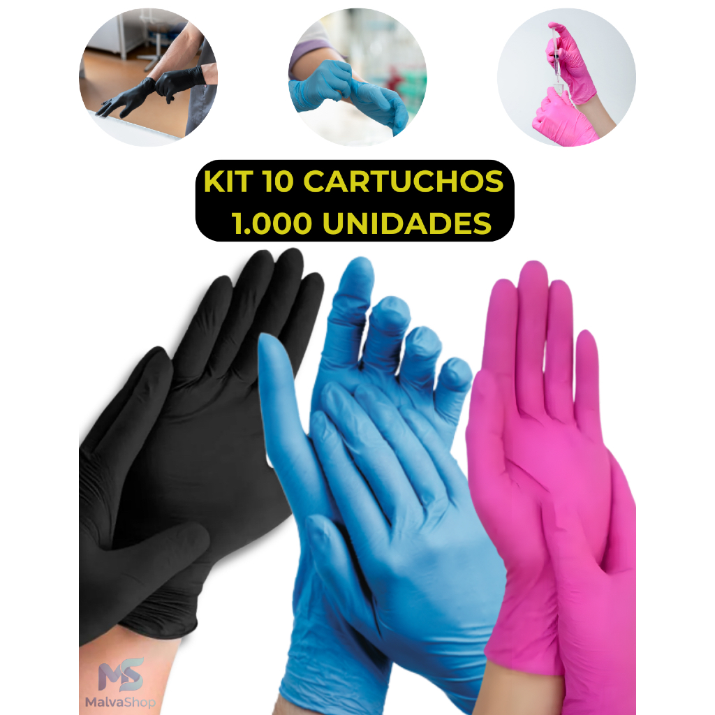 Kit10 Caixas Luva Nitrilica Azul, Preto e Rosa Sem Pó Descartável c/1.000un Doméstico e Profissional em Oferta na Shopee