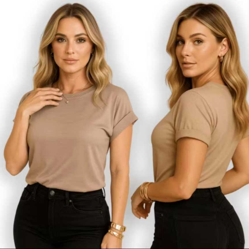 Blusa Femenina T-shirt Lisa, Listrada  Manga Curta Doblada Cores Verao Inverno Tendencia 2026 Viscolycra Premium