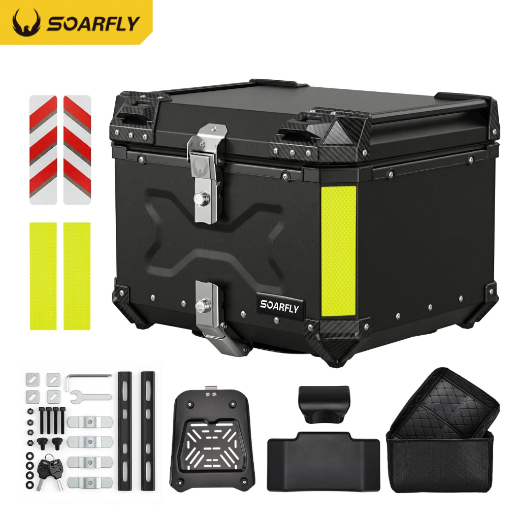 Soarfly Baú Para Moto Baú De Alumínio Para Motocicleta 55 Litros + Suporte + Encosto+dois Tipos De Adesivos Refletivos em Oferta na Shopee
