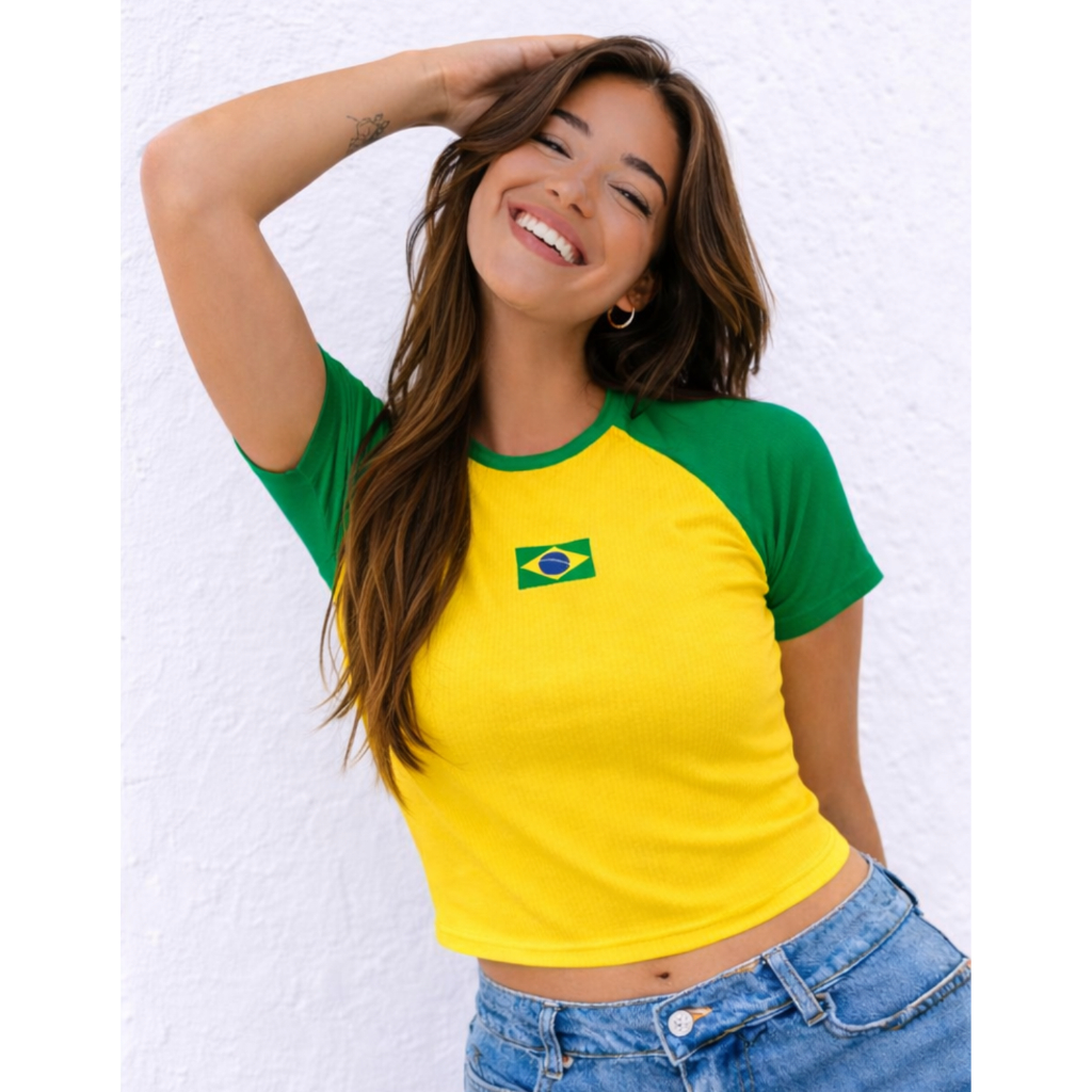 Cropped do Brasil Copa Baby Look Canelada Feminina Manga Curta Blusa Feminina do Brasil