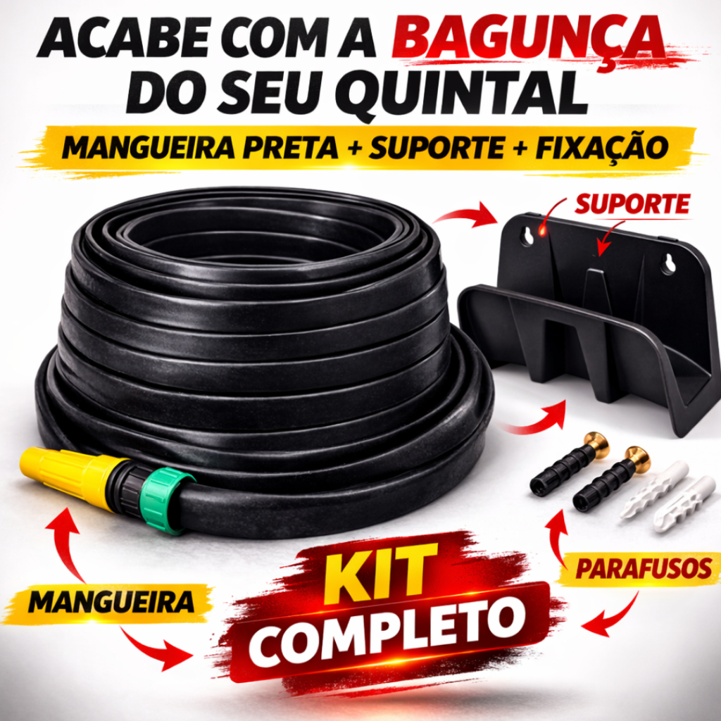 Mangueira Jardim Anti-Torção Preta Com Suporte para mangueira + Kit fixação
