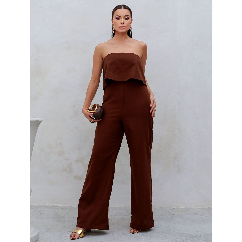 Macacão de Linho Tomara que Caia com Design Amplo e Sofisticado em Oferta na Shopee