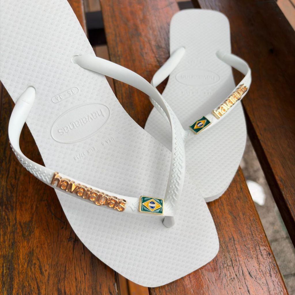 Chinelo Havaianas Slim Square Branco Personalizado Brasil Logo e Ponto de Luz Original 23-46