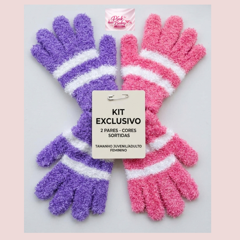 Luvas de  Peluciada Feminina Adulto Juvenil Inverno Quentinha Listrada Soft Pelinho Inverno Frio Intenso Grossa