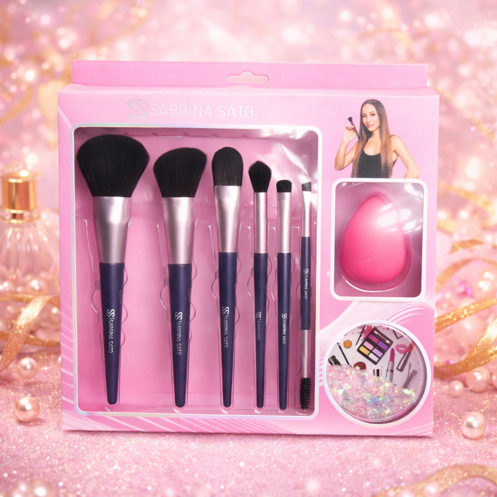 Conjunto de Kit 6 Pincéis de Maquiagem SABRINA SATO com Esponja e Espelho – Completo Profissional | Acabamento Impecável
