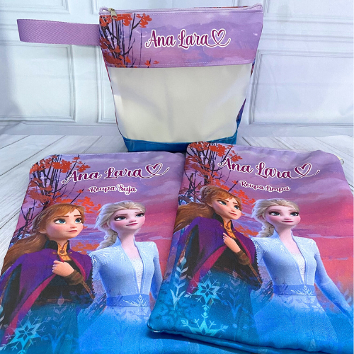 Kit Organizador Infantil Frozen Roupa Limpa e Suja + Necessaire Banho Personalizado Elsa