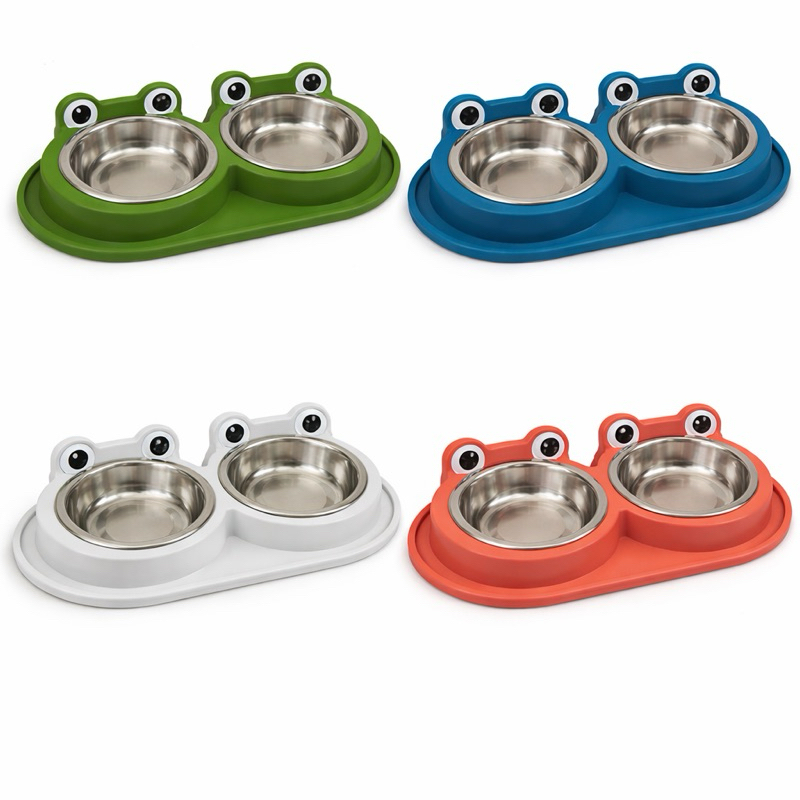 Comedouro e Bebedouro Duplo para Cachorro e Gato Formiga Tigela Inox Removível 300ml Pote Ração Sapinho Frog