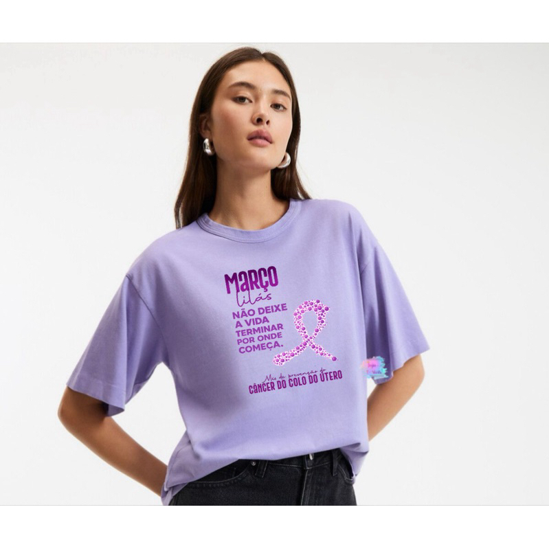Camiseta Unissex/Campanha Março Lilás/Combate ao Câncer do Colo de Útero em Oferta na Shopee