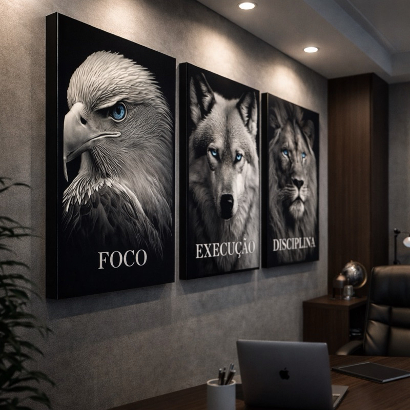 Quadro Decorativo 3 Peças Leão Águia Lobo Disciplina Motivacionais Sala Quarto