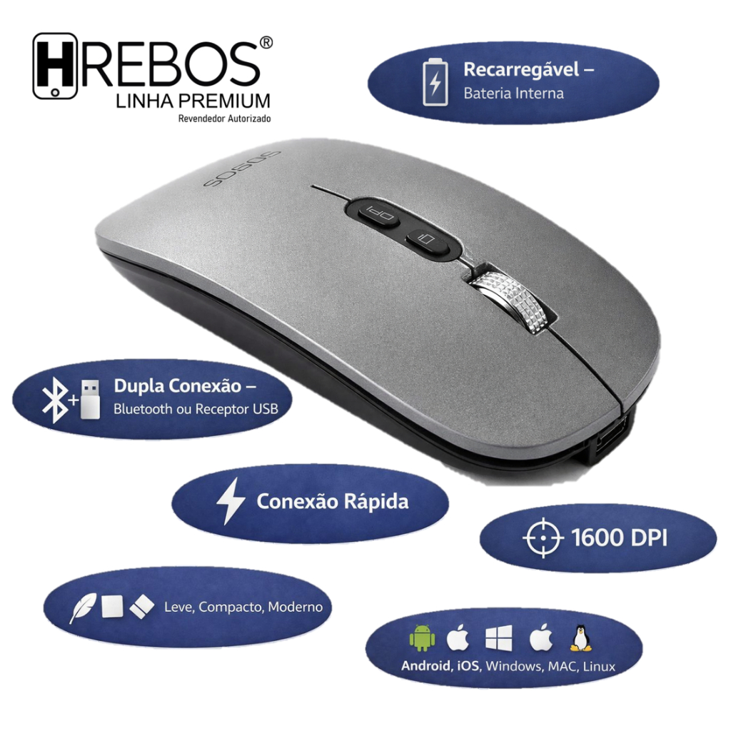 Mouse Sem Fio Recarregável – Bluetooth 5.0 + 2.4G com Pino USB | DPI Ajustável | Notebook Tablet Android iOS Windows em Oferta na Shopee
