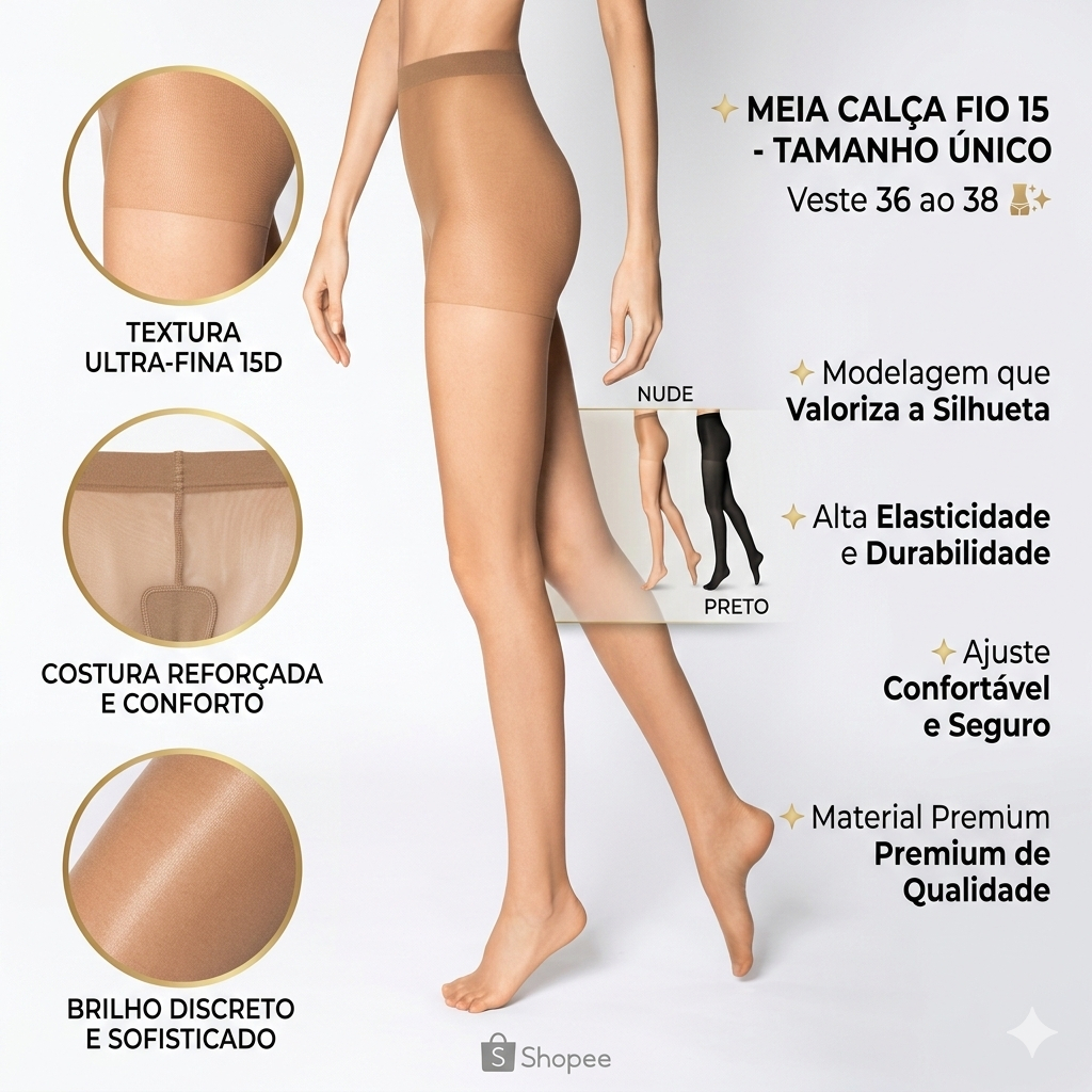 Meia Calça Clássica Fio 15 Transparente cor da pele Bege Nude Tam 36 ao 38 Ideal para o Dia a Dia e Festas