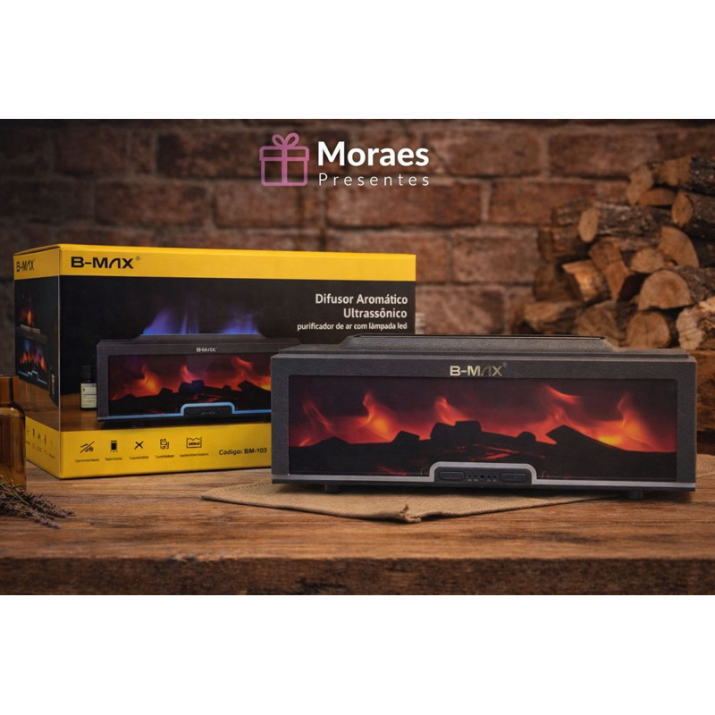 Difusor aromático ultrassônico com efeito chama LED, umidificador e purificador de ar. Ideal para casa e escritório.
