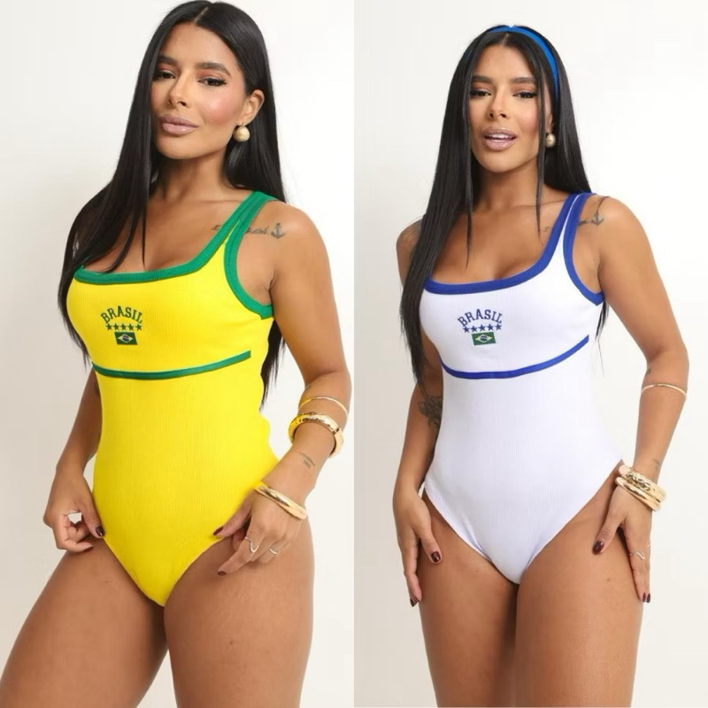 KIT COM 2 BODY DO BRASIL COM NOME E BANDEIRA BORDADO | MAT.: RIBANA - 100% ALGODÃO | VESTE DO 36 AO 42 | TAMANHO ÚNICO