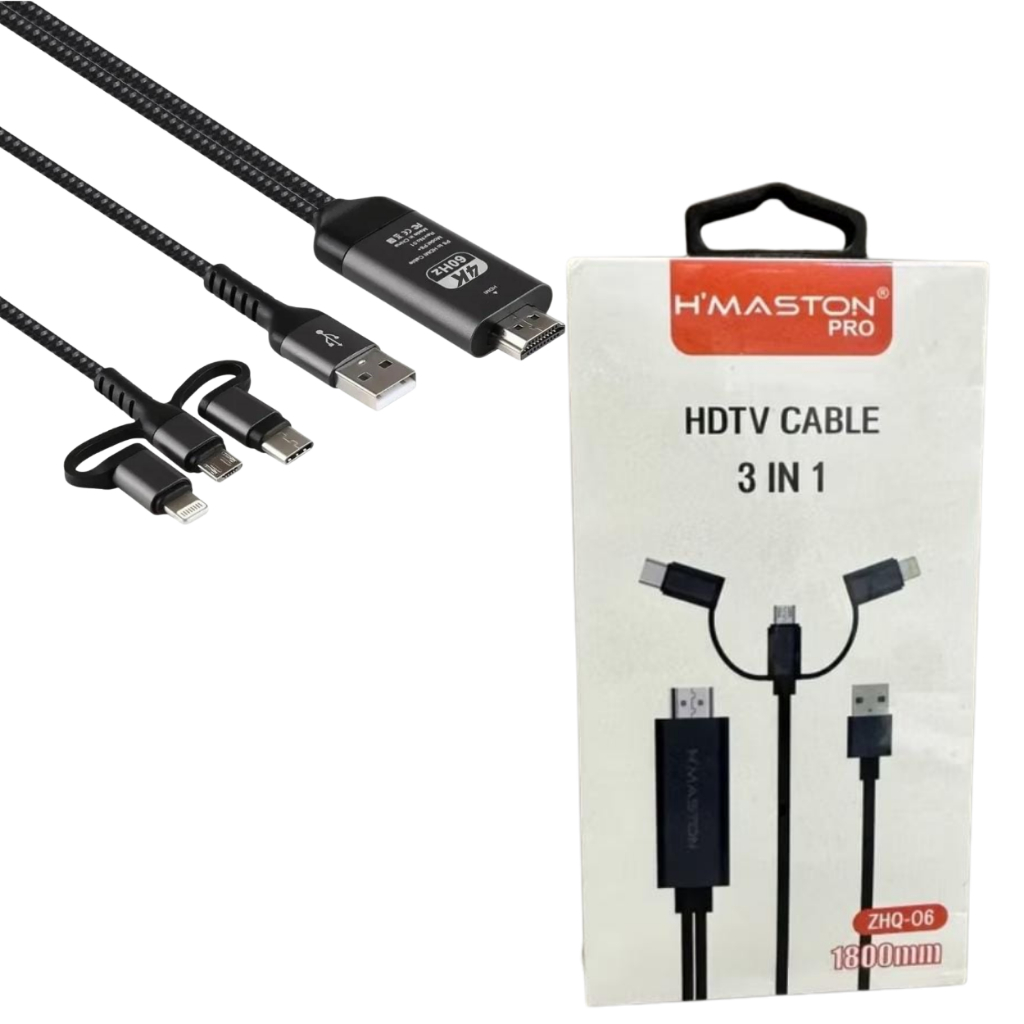 Cabo Hdmi 3 In 1 4k 1.8m Lightning Usb-c Micro Usb Carregador 1080P