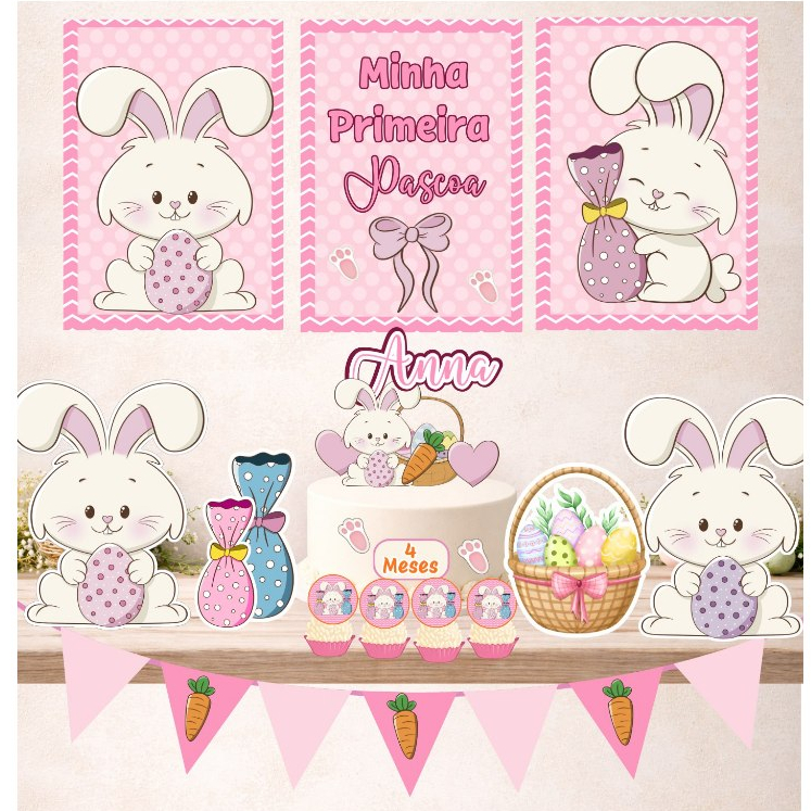 Kit Primeira Páscoa Coelhinho Personalizado Menina Coelho Rosa Ovos De Páscoa