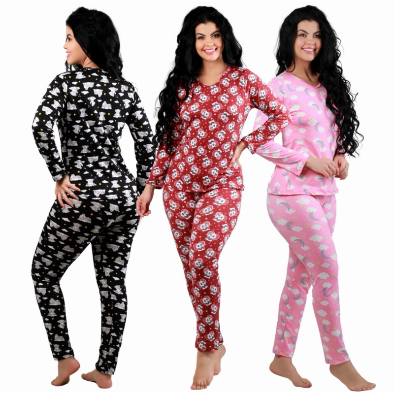 Kit 1 ou 3 pijama longo estampado feminino manga longa calça longa fabricado em suede confortável
