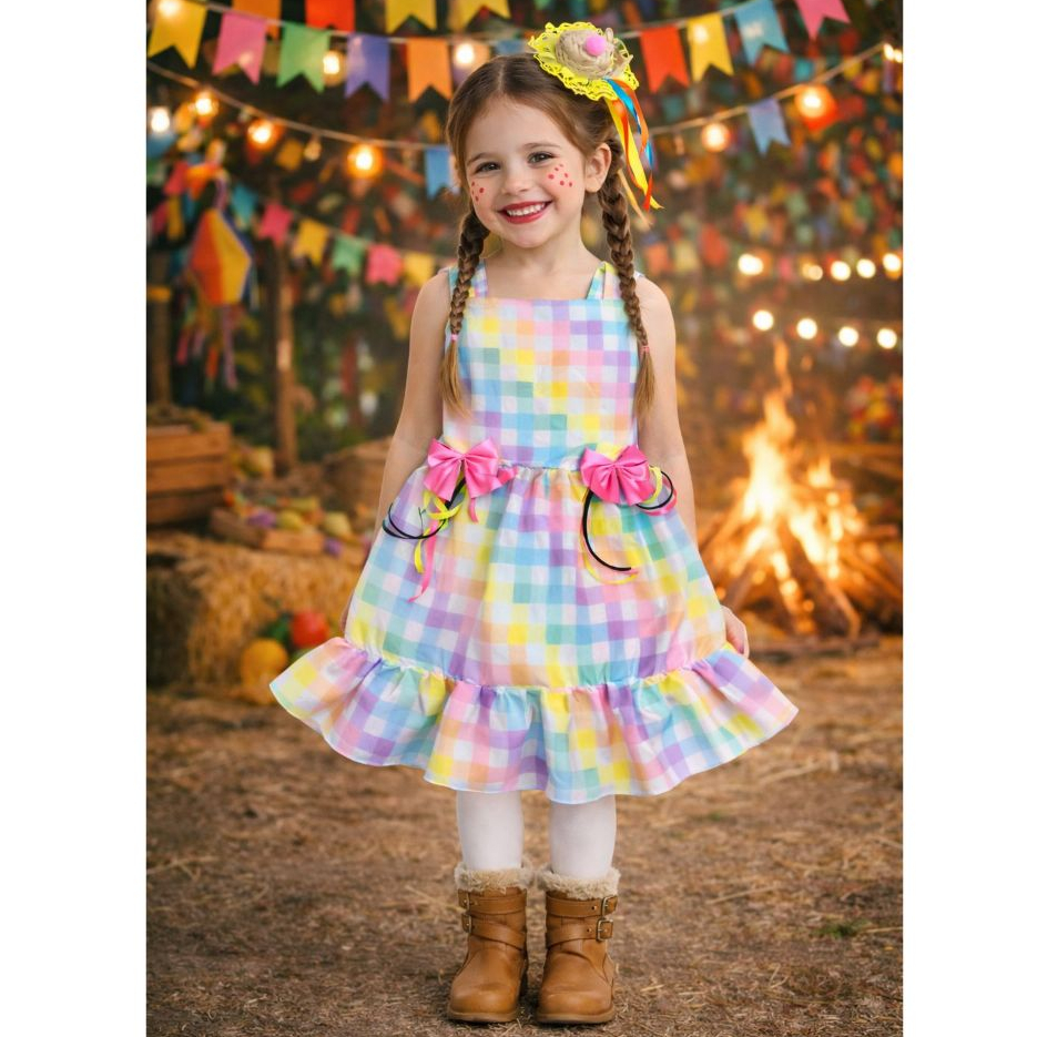 Vestido Junino Menina + Brinde, Vestido Infantil Festa Junina Arraial Quadrilha São João Escola