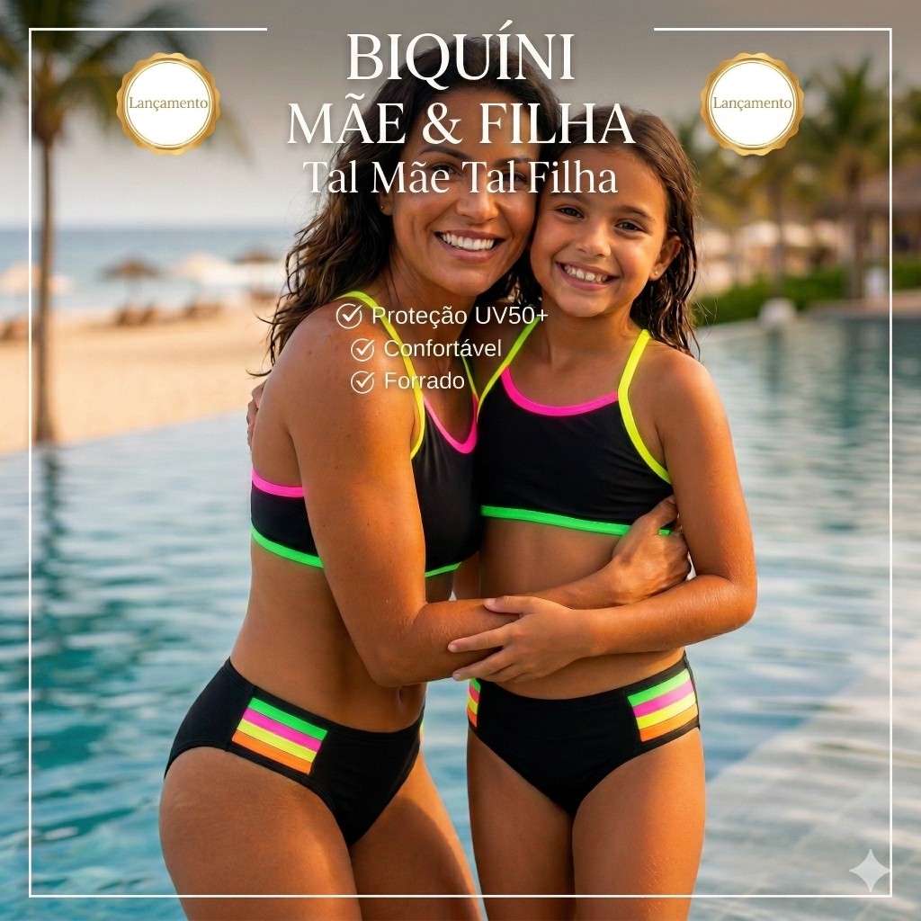 Biquíni Mãe e Filha Tal Mãe Tal Filha Moda Praia Feminino e Infantil UV50+ Confortável Forrado Bojo Verão Modelo Lavínia