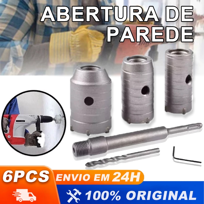 Kit 6 Pçs Serra Copo 30 40 50 Mm Concreto Alvenaria Haste Sds Plus P/ Furadeira e Martelete