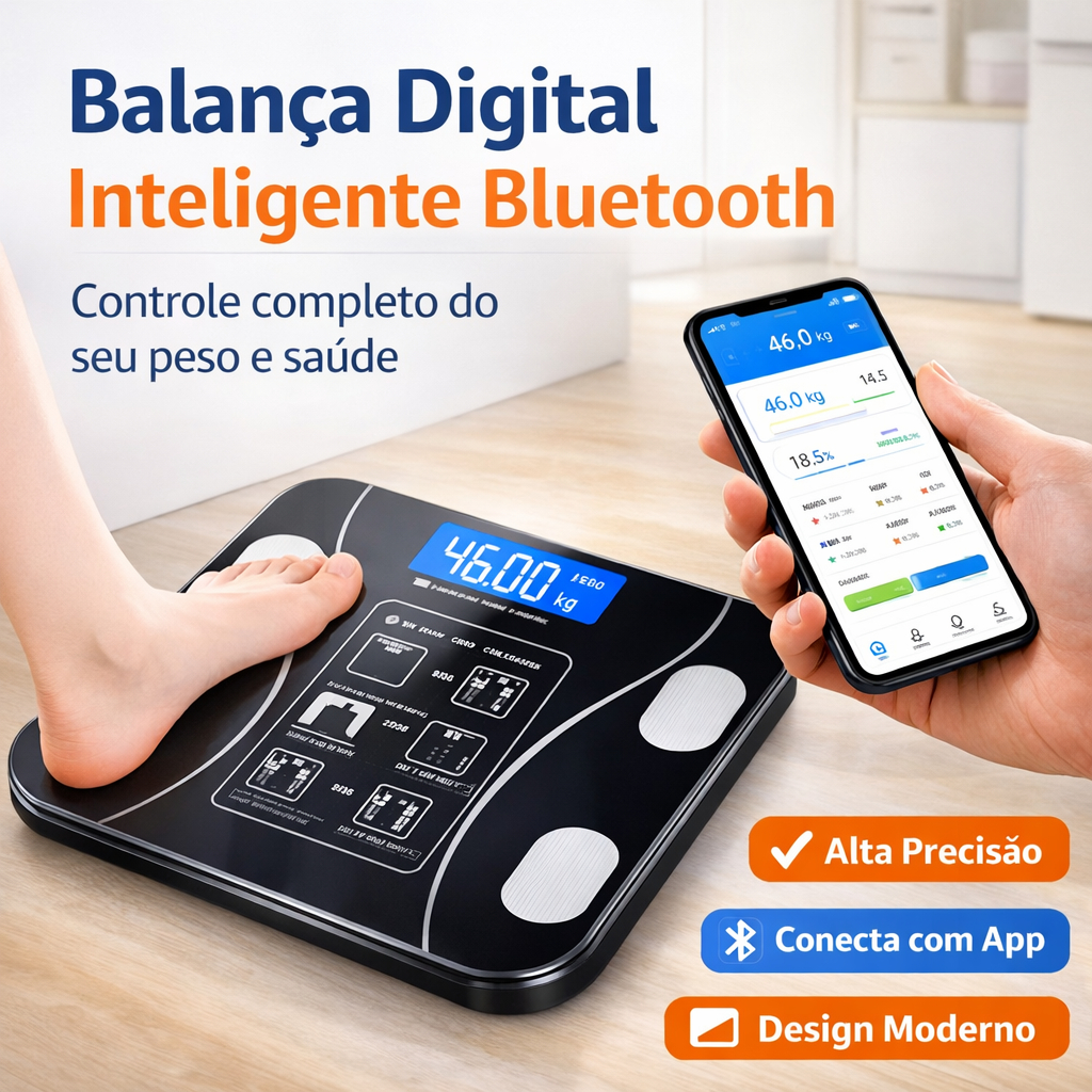 Balança Digital de Bioimpedância 140kg Preta Banheiro Peso Vidro e visor LCD Bluetooth