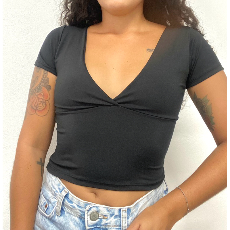 TOP TUBE CROPPED DECOTE V MANGA CURTA TRANSPASSADO em Oferta na Shopee