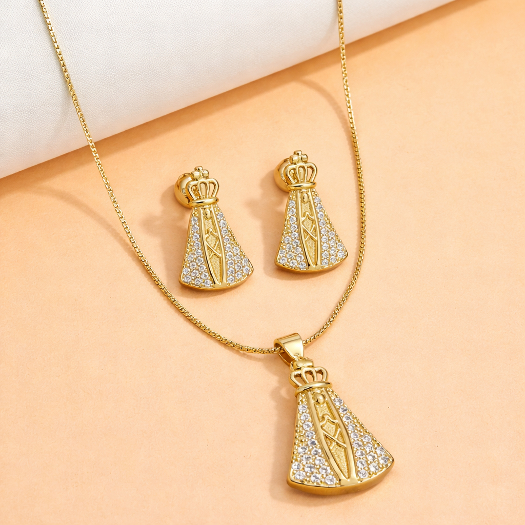 Conjunto Colar Feminino Nossa Senhora Aparecida Pequena Zircônias 45cm – Dourado Aço Inox - Delicado em Oferta na Shopee