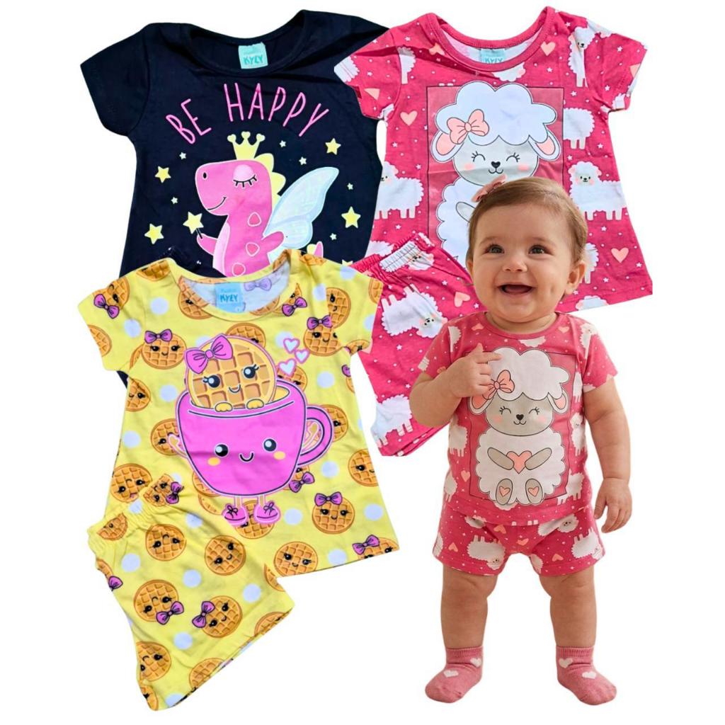 Kit Com 3 Conjuntos Pijamas Kyly Feminino Verão 1 Ano Estampas Variadas
