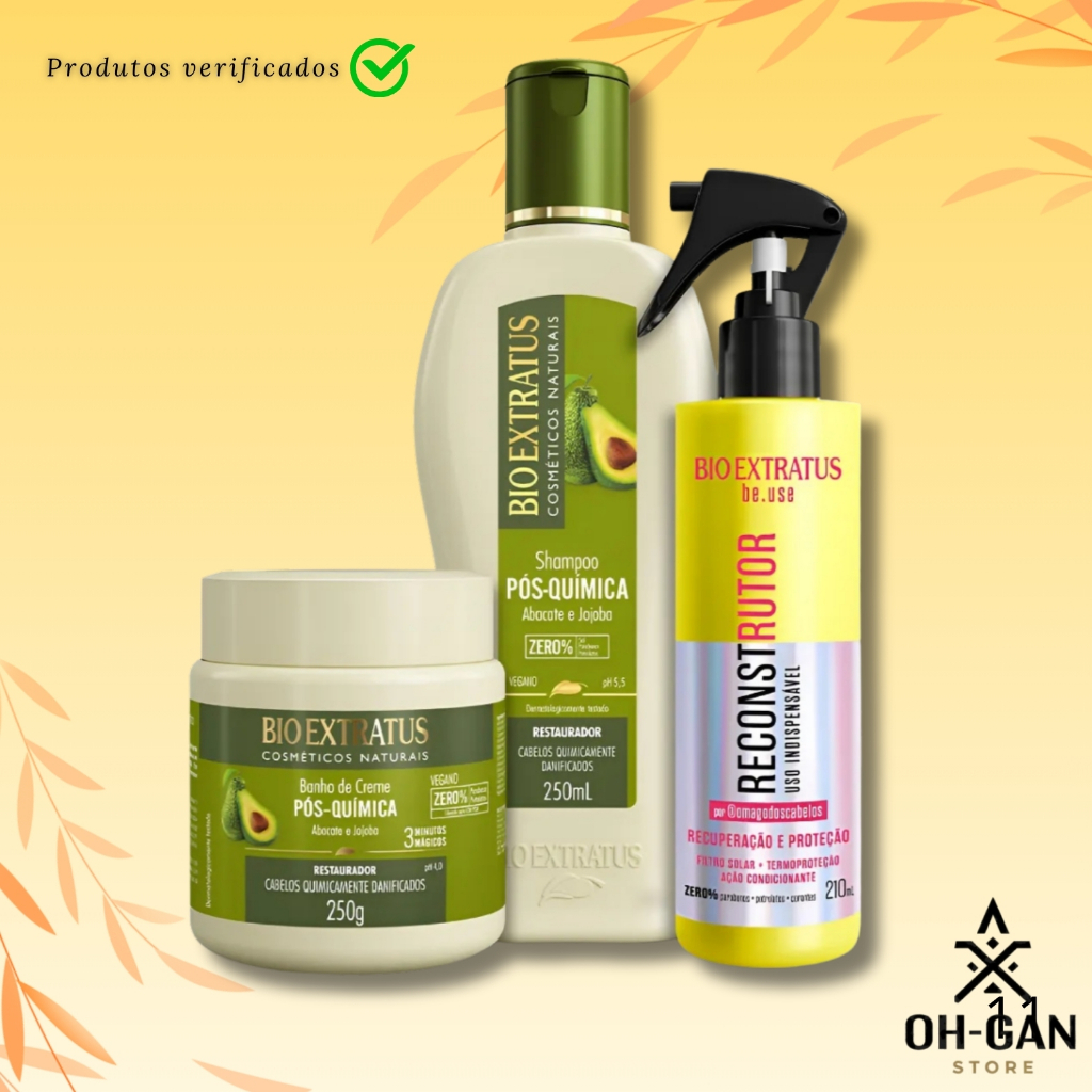 Kit Shampoo + banho de Creme Pós Química 250ml + Reconstrutor 210ml Bio Extratus em Oferta na Shopee
