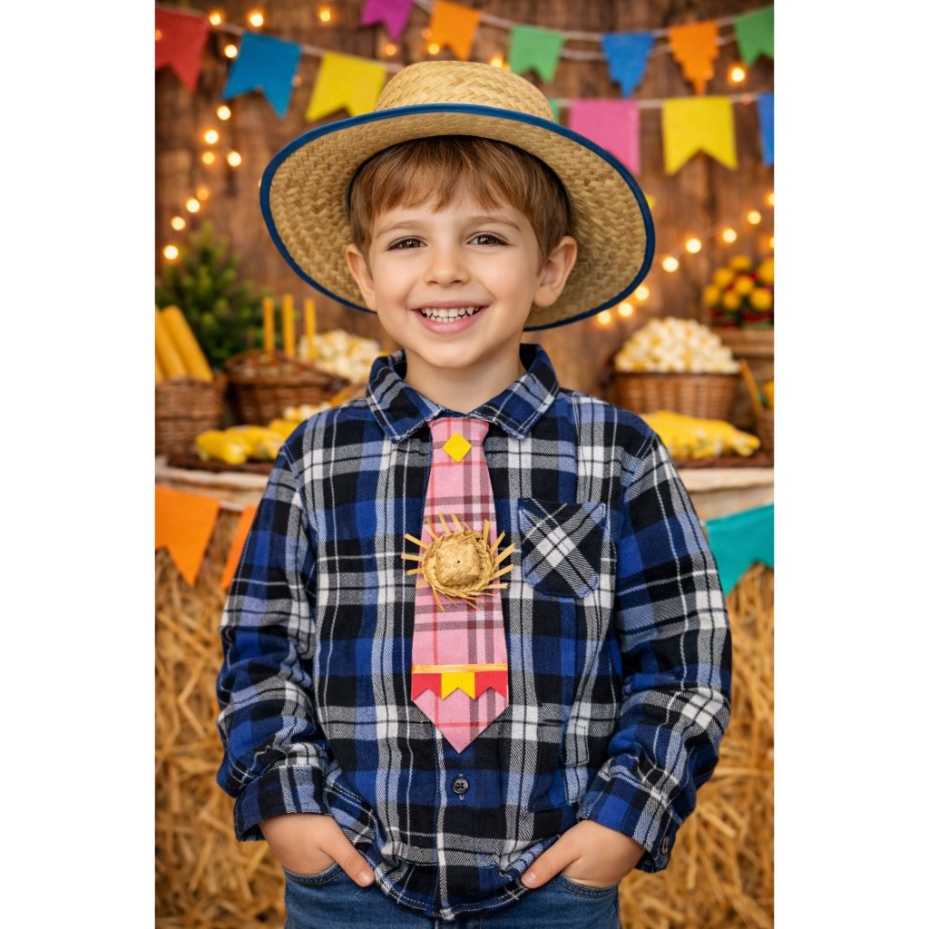 Camisa Xadrez Azul Menino Festa Junina  c/ Gravata, Chapéu e Retalho.
