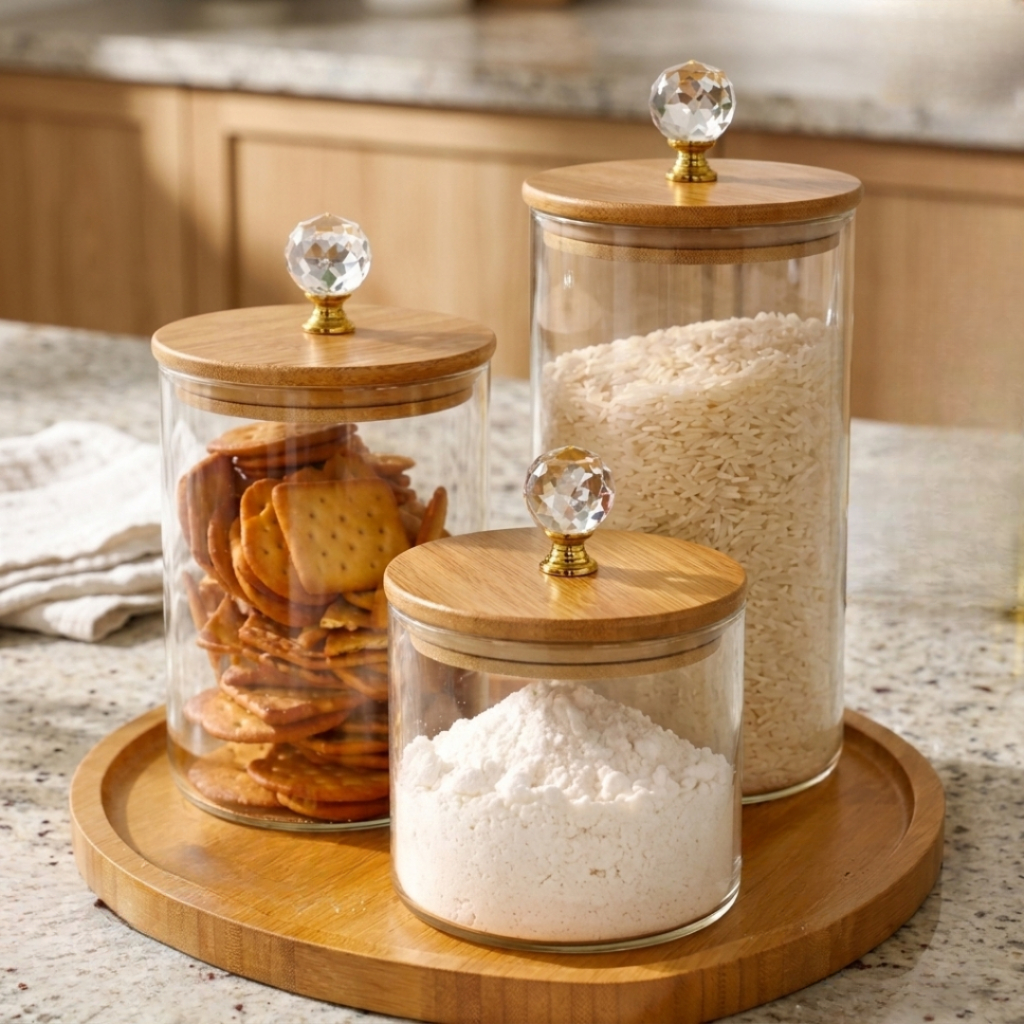 Kit Potes Transparente de Vidro Hermético Redondo com Tampa de Bambu e Cristal porta alimentos mantimentos