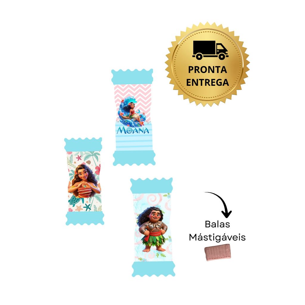 Kit Bala Personalizada Moana – Lembrancinha Festa Infantil | Bala Mastigável Personalizada Tema Moana Aniversário