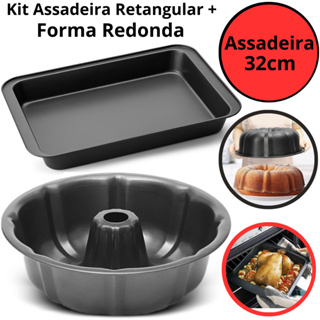 Kit Forma Assadeira Antiaderente 32cm + Forma Bolo com Furo Central 24cm De Aço Carbono Teflon em Oferta na Shopee