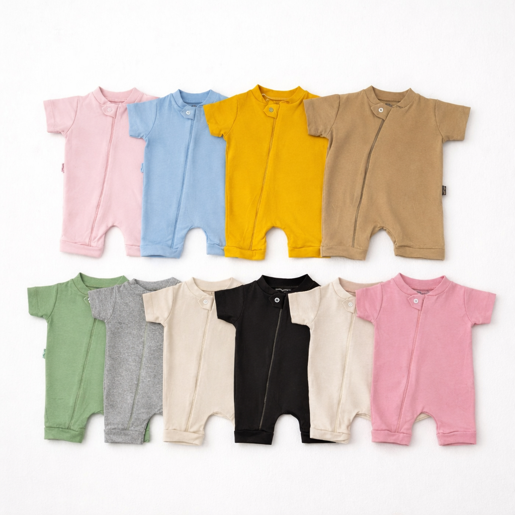 Macacão Curto com Zíper Bebe Romper Suedine 100% Algodão Verão Enxoval de Bebe Macacão de Bebe
