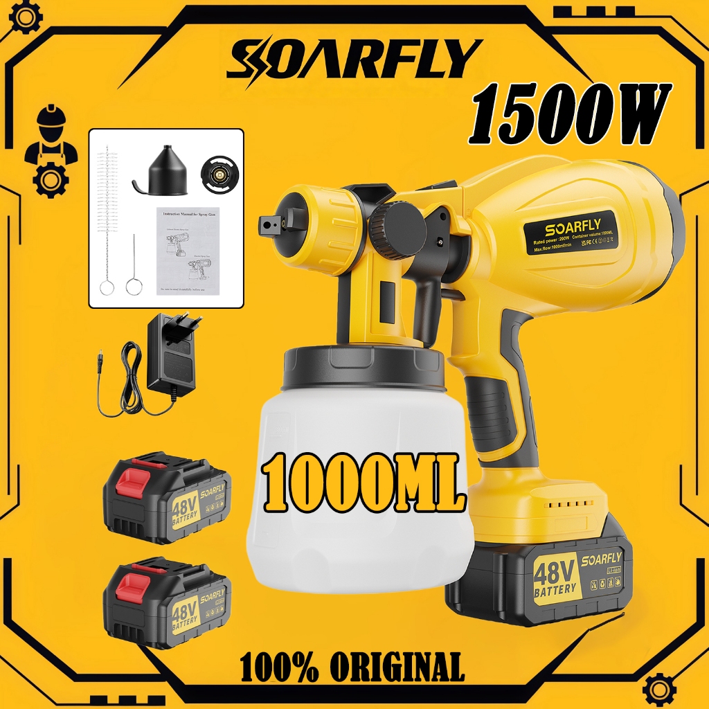 SOARFLY Pistola Pintura Pulverizadora Tinta Paint Plus Recarregável Portátil Com 2 Baterias 48v1500W