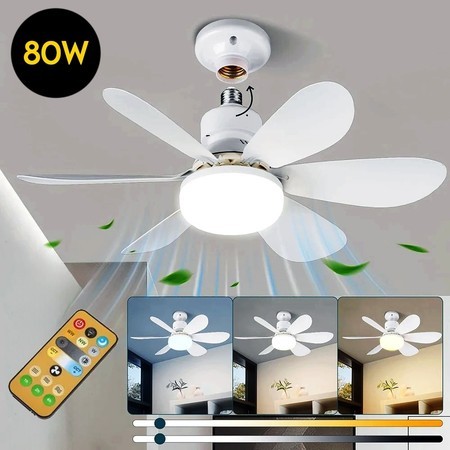 Ventilador Luminária Led 6 Pás Lâmpada Soquete Bocal E27 52CM Teto 3 Cor Luz Branco Amarelo Contróle 80W em Oferta na Shopee