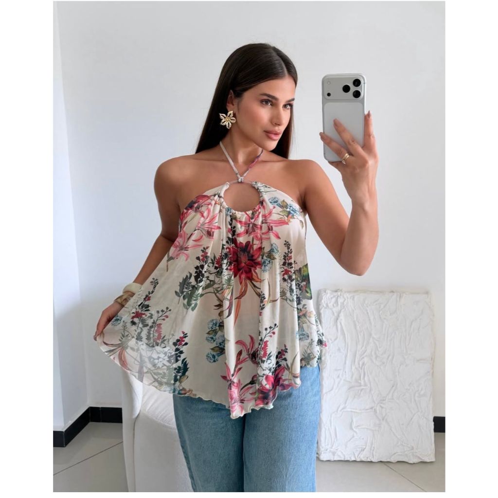 Cropped Bata Floral com Argola Tule Feminino Blusa Cropped Verão Sexy Moda Feminina Estampado