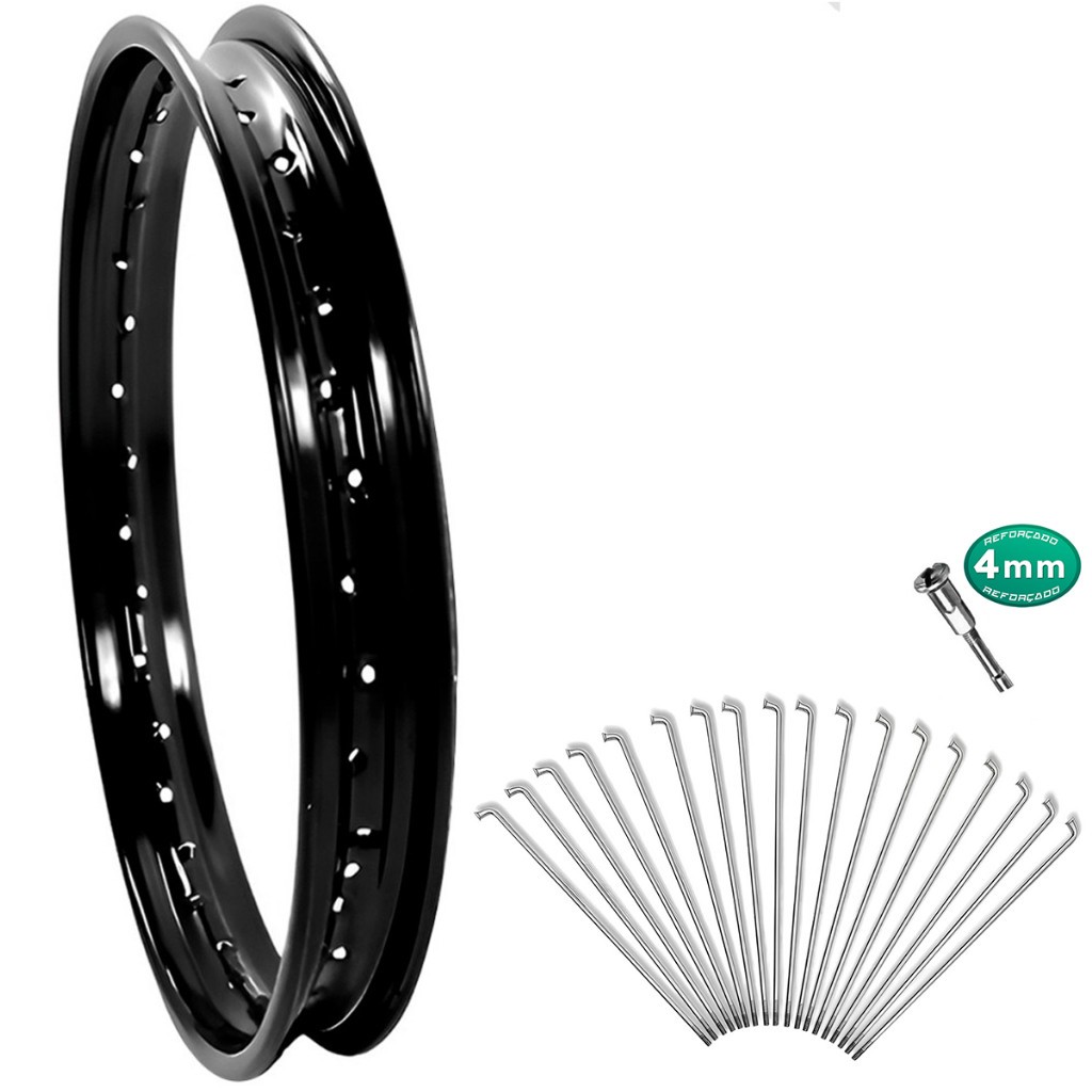 Imagem Aro Preto Dianteiro 21 Preto Xtz 125 Xtz 250 Lander Tornado C/ Raios 4mm Cromados