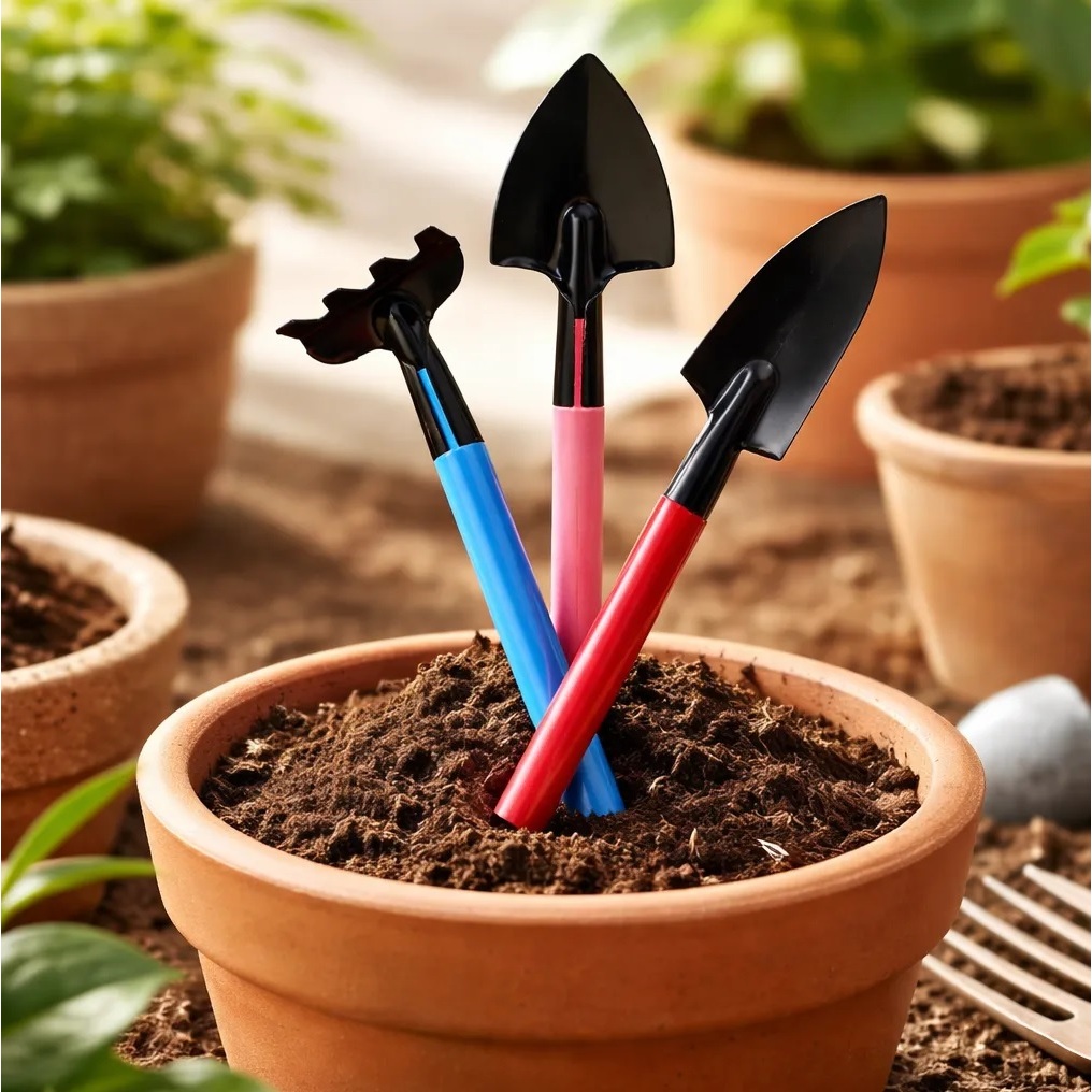 Kit 3 Mini Ferramentas Para Jardinagem Pá, Rastelo e Espátula Bonsai, Flores e Plantas de Casa