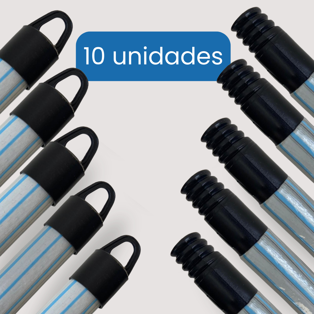 Kit 10 Unidades Cabo de Vassoura e Rodos 1,20cm Plastificados com Rosca e Ponteira de Pendurar