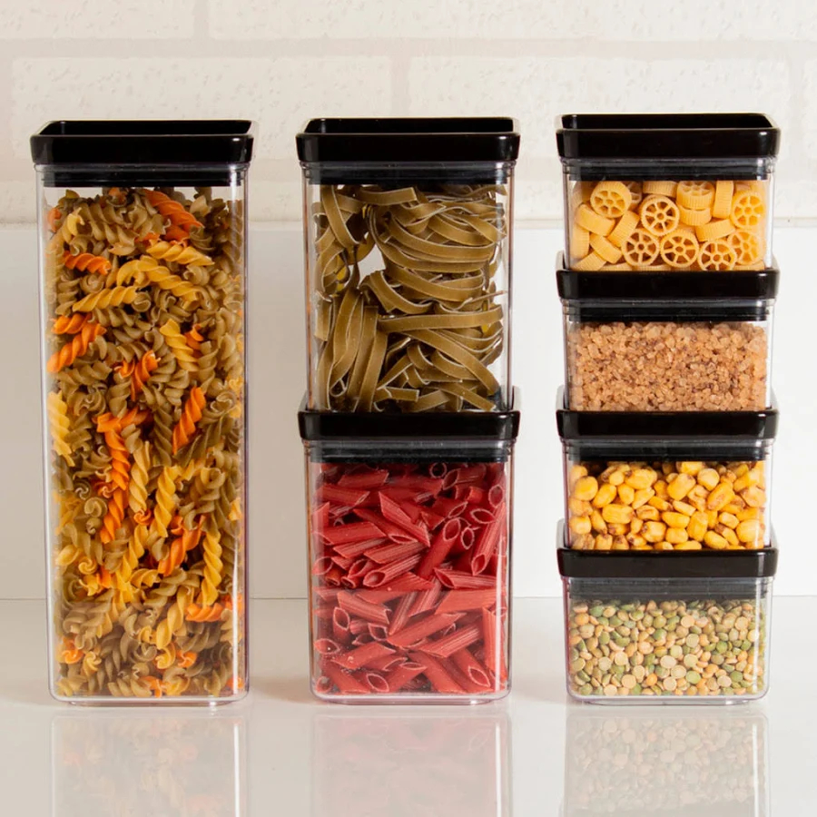 Kit 7 Potes Herméticos Quadrados Empilháveis para Mantimentos | Acrílico Transparente com Tampa Preta Cozinha Organizada