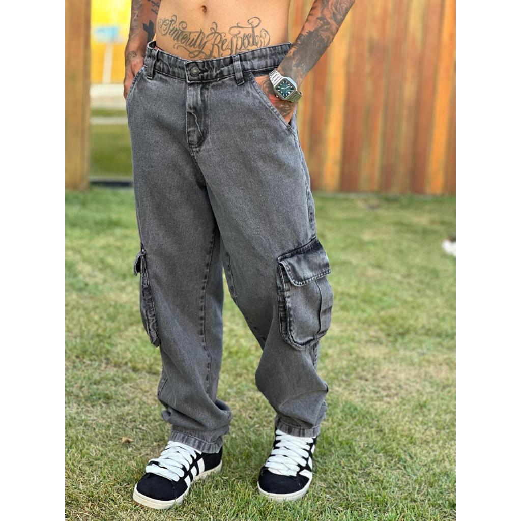 Calça Jeans Cargo Masculina Cinza Marmorizada Larga Streetwear Bolso Lateral Moda Skate balao PREMIUM 100% ORIGINAL