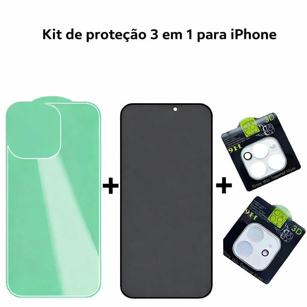 Kit 3 em 1 Película Traseira + Vidro Privacidade + Lente Câmera iPhone 11 12 13 14 15 16 Pro Max - Cyberon