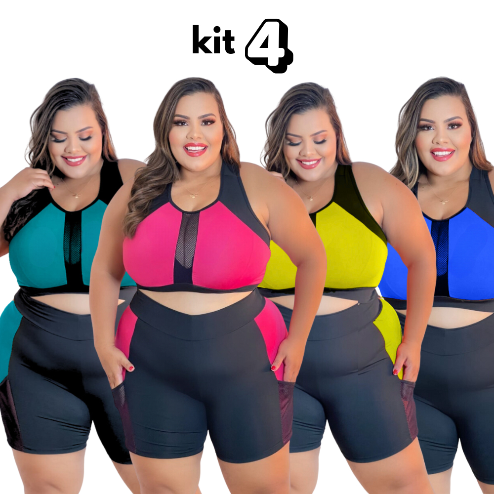 Kit 4 Conjuntos Fitness Plus Size G ao EXGG Top Nadador e Short c/ Bolso Feminino Curves Academia