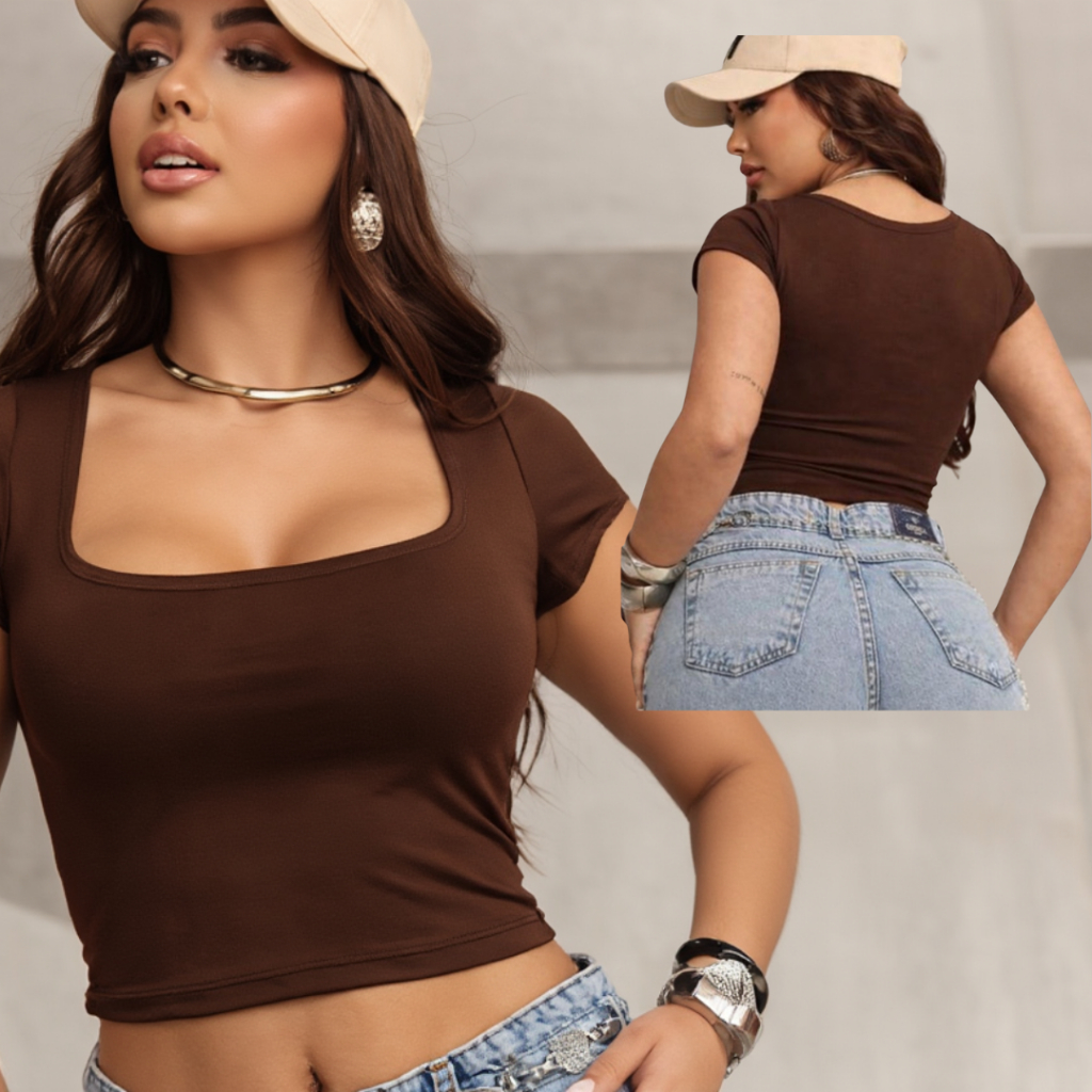 Cropped Gola Quadrada Feminino Manga Curta Tecido Grosso Basico Suplex em Oferta na Shopee