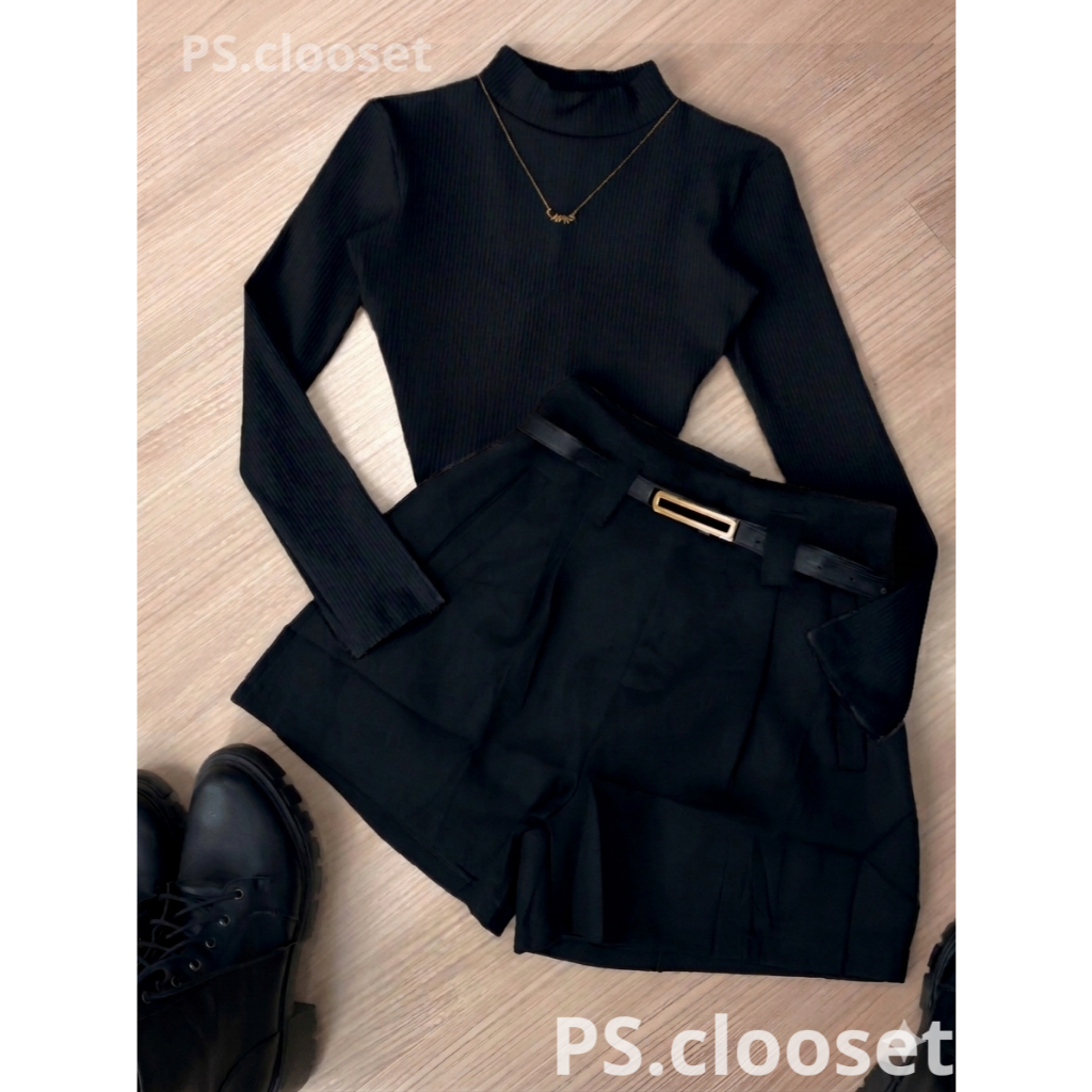 Conjunto Moda Feminina um BODY Bory Manga Longa Suplex + Short PRETO Alfaiataria com Cinto FIINO Tendência Blogueira2026