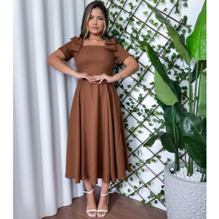 Vestido Midi Feminino com Laço na Manga e Elastex nas Costas (Duna Linho) - Moda Festa Elegante