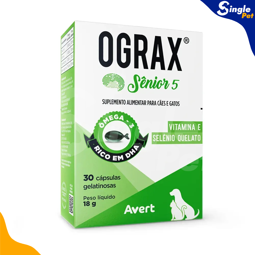 Suplemento Alimentar Ograx Sênior 5 com Ômega 3 para Cães e Gatos Idosos 30 Cápsulas
