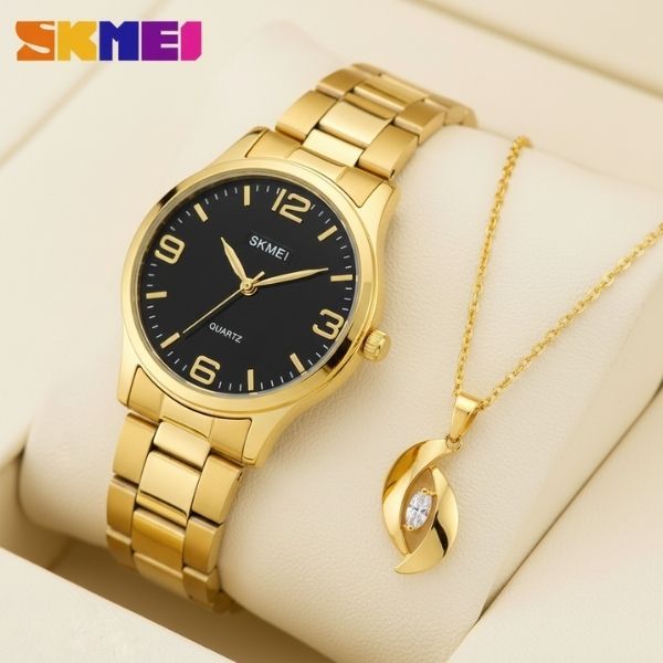 Kit Relógio Skmei Feminino Analógico Dourado C/ Colar Presente Luxo - 3 ATM, Garantia 12 Meses.