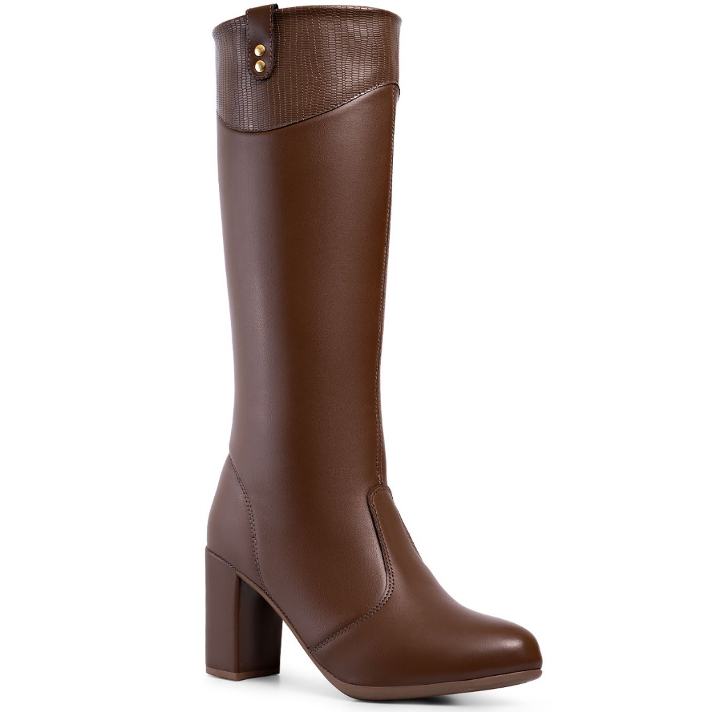 Bota Feminina Lumiss Cano Longo Salto Bloco Confortável Croco Marrom