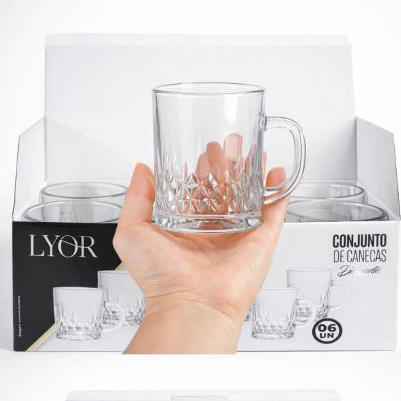 Jogo com 6 Canecas de Vidro para Café Chá 220 ml WOLFF Diamante Luxo Sofisticação Tamanho Caneca